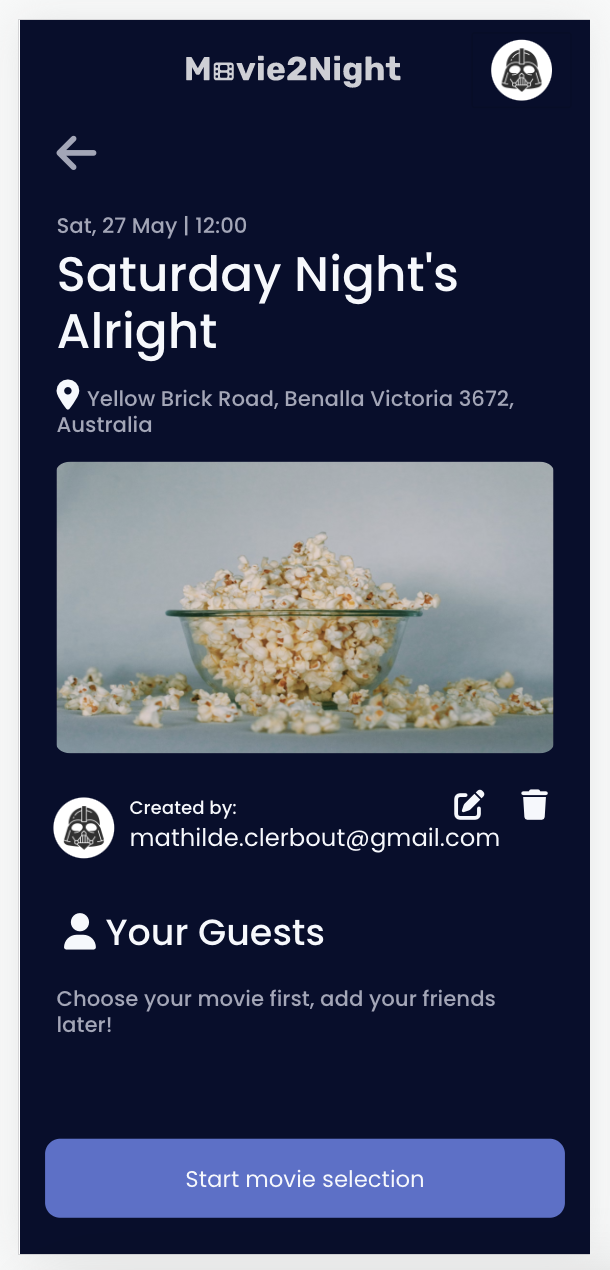 movie2night screenshot first page create an event